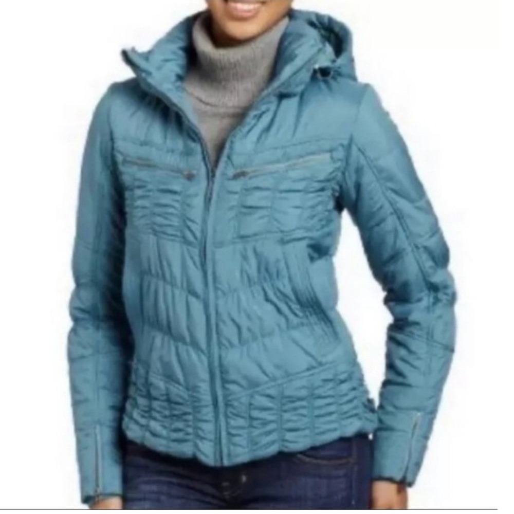 Prana Powder Parka Teal Blue Puffer Jacket Women Large Ruched Full Zip Coat